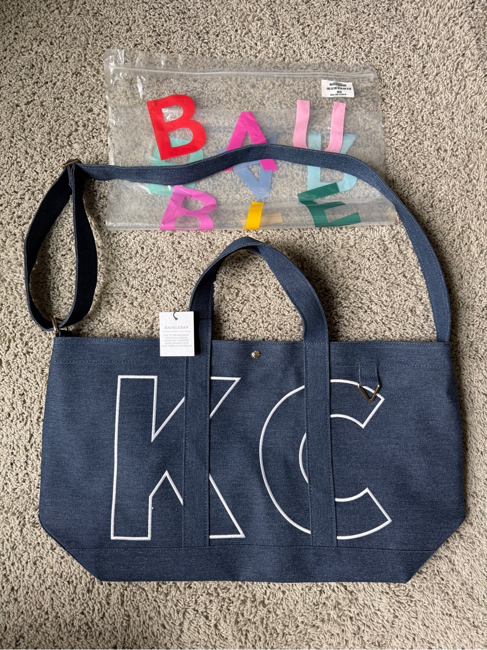 BaubleBar Navy Tote with White Lettering